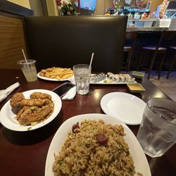 Salt and Pepper Chicken Wing (6) ( Spicy ), Chinese Sausage Fried Rice, Kid's 8 Chicken Nuggets Plate, 2 Sushi Rolls Combosushi