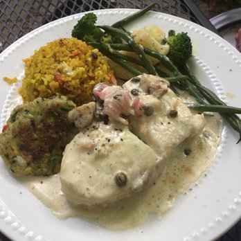 Stonehedge Gardens - Halibut Picatta, vege frittata, rice pilaf and sautéed veggies. - Venues & Event Spaces Near Me - Hood River, Oregon Stonehedge Gardens - Halibut Picatta, vege frittata, rice pilaf and sautéed veggies. - Venues & Event Spaces Near Me - Hood River, Oregon