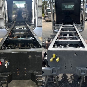Sword and Shield Sandblasting - Before and after of a tractor-trailer. - Sandblasting Near Me