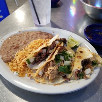 Joe Taco - Truck Tacos (marinated beef, Mexican brisket, and red chile roasted chicken) with rice and beans. - Mexican Near Me - Canyon, Texas