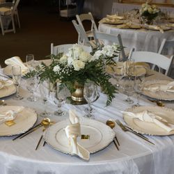 Unique Events by Lina - Table setting - chairs, chargers, plates, silverware, napkins, centerpieces all provided by Lina.