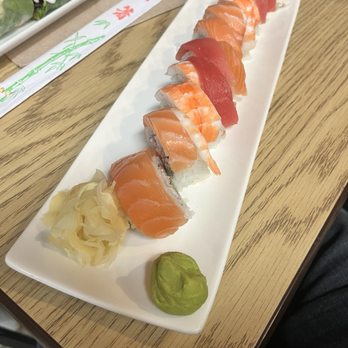 Nanzaya - Rainbow Roll with salmon, tuna, and ebi - Sushi Bars Near Me - Boise, Idaho Nanzaya - Rainbow Roll with salmon, tuna, and ebi - Sushi Bars Near Me - Boise, Idaho