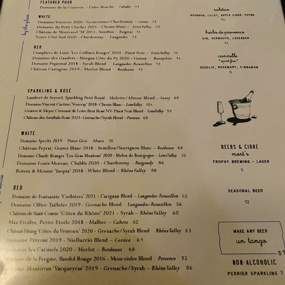 Jolie Restaurant - Cocktail and wine menu. - French Near Me - Raleigh, North Carolina