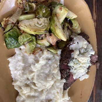 Urban Plates - Blue Cheese Grass Fed Steak , Brussels sprouts and mashed potatoes - New American Near Me - Brea, California Urban Plates - Blue Cheese Grass Fed Steak , Brussels sprouts and mashed potatoes - New American Near Me - Brea, California