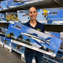 Team member showcasing the E-flite HABU SS 50mm EDF RC jet at Big Boy Toys & Hobbies in Lafayette, LA...
