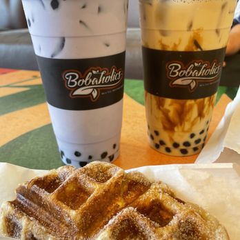Bobaholics - Taro with boba Brown sugar boba Croissant waffle with sugar topping - Bubble Tea Near Me - San Jose, California Bobaholics - Taro with boba Brown sugar boba Croissant waffle with sugar topping - Bubble Tea Near Me - San Jose, California