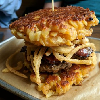Mac & Walt's - Mac and cheese burger with candied bacon. Sounded amazing but my son said it was just okay. - Bars Near Me - Norton, Massachusetts Mac & Walt's - Mac and cheese burger with candied bacon. Sounded amazing but my son said it was just okay. - Bars Near Me - Norton, Massachusetts