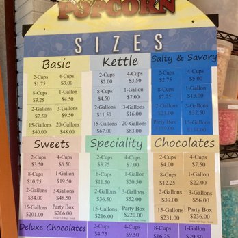 Kernel Encore Gourmet Popcorn - Sizing and pricing list.  I can afford this!! - Popcorn Shops Near Me - Orlando, Florida
