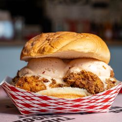 The Nugget Spot - Fried Chicken Ice Cream Sandwich: Our signature Spicy Sandwich topped with Chipotle Ice Cream made by Zita's exclusively for The Nugget Spot