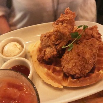 Park Tavern - Fried chicken and cornbread waffles. And my bloody mary photobombing in front. - New American Near Me - Delray Beach, Florida Park Tavern - Fried chicken and cornbread waffles. And my bloody mary photobombing in front. - New American Near Me - Delray Beach, Florida