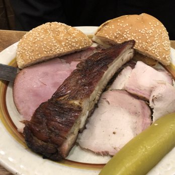 Barney's Hickory Pit - Combination plate junior - ham, turkey, rib, sirloin, hamburger bun toasted, pickle - Barbeque Near Me - Concord, California Barney's Hickory Pit - Combination plate junior - ham, turkey, rib, sirloin, hamburger bun toasted, pickle - Barbeque Near Me - Concord, California