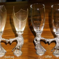 Riordan Artistry - We had to replace both crystal tops of this very decorative set of flutes with ones that we lovingly hacked off a pair of high-quality cryst