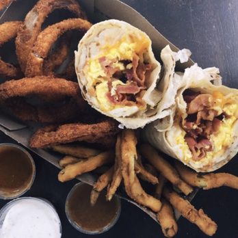Lucky Boy - The Famous Breakfast Burrito with bacon. Onion Rings. Fried zucchini. - Burgers Near Me - Pasadena, California