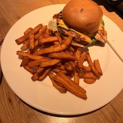 Captain Americas - Chicken Bacon cheese burger, with sweet potato fries