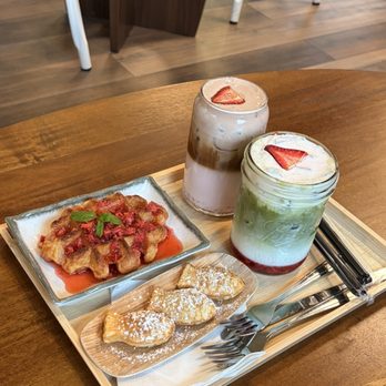 The Tea Barn - Strawberry chocolate latte, Belgian waffle with strawberry, fish wafers, and strawberry chai latte - Coffee & Tea Near Me - Orem, Utah