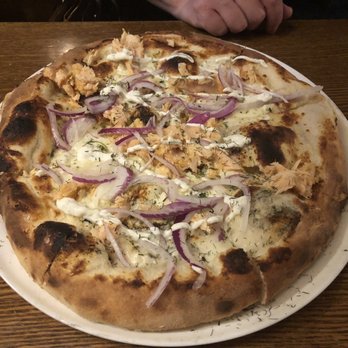 Fat Olives - Kenai pizza w smoked salmon and gooda cheese, red onion, my all time new fav pizza!!! - Pizza Near Me - Flagstaff, Arizona