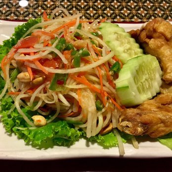 Thai Diner - Green papaya salad (comes w. 2 chicken wings & sticky rice) - Thai Near Me - Fort Wayne, Indiana Thai Diner - Green papaya salad (comes w. 2 chicken wings & sticky rice) - Thai Near Me - Fort Wayne, Indiana