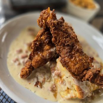 Blockhouse - Hot honey chicken with biscuits and sausage gravy - Breakfast & Brunch Near Me - Saint Hedwig, Texas Blockhouse - Hot honey chicken with biscuits and sausage gravy - Breakfast & Brunch Near Me - Saint Hedwig, Texas