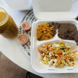 Selena's Salvadorian - Rice and beans. Jar of Habanero Salsa