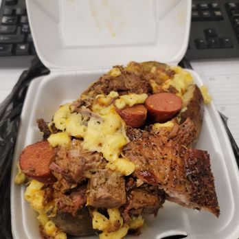MEGA Texas Barbeque - Baked potatoe with 3 meats and added macaroni and cheese. - Caterers Near Me - Fresno, California