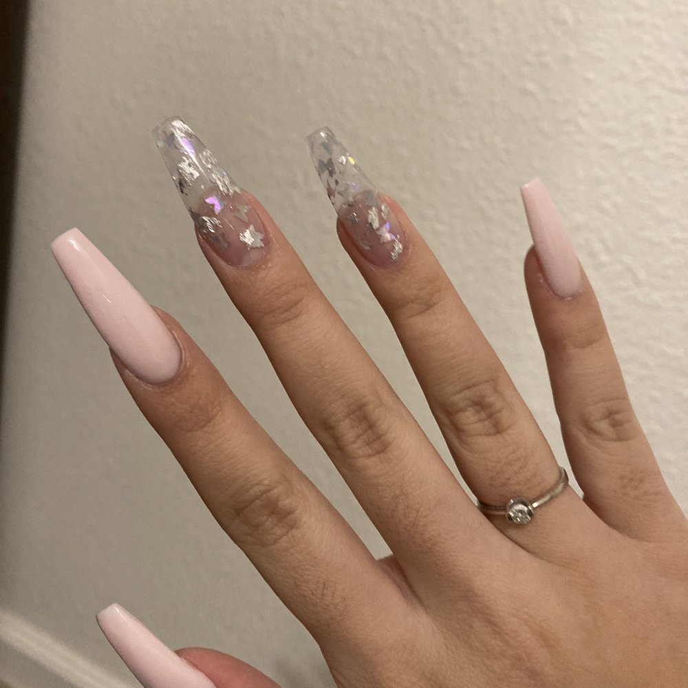 Bliss Nails & Spa - pink and silver/clear w butterflies acrylic set done by Tu - Nail Salons Near Me - Chico, California Bliss Nails & Spa - pink and silver/clear w butterflies acrylic set done by Tu - Nail Salons Near Me - Chico, California