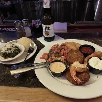 Half Shell - This is the combo, shrimp, catfish and crab cakes with a spinach side - Seafood Near Me - Memphis, Tennessee Half Shell - This is the combo, shrimp, catfish and crab cakes with a spinach side - Seafood Near Me - Memphis, Tennessee