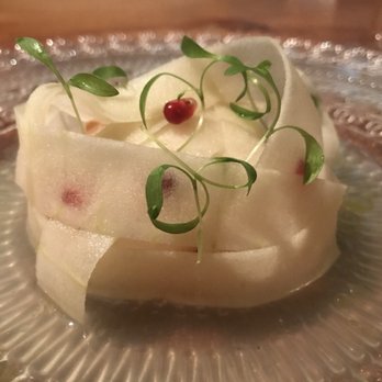 Elcielo - This was fettuccine made from apple in a really acidic sauce and had salmon tartare inside. It was definitely the worst plate - Colombian Near Me - Miami, Florida