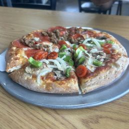 Half veggie half pepperoni and sausage Half veggie half pepperoni and sausage