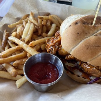 Reds' Bistro - Fried chicken sandwich with truffle fries! So good! - New American Near Me - Loomis, California
