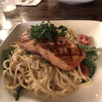 Iron Tap - Fish Monger special(grilled salmon, linguini noodles fresh tomatoes, spinach tossed in a white artichoke sauce) - New American Near Me - Waconia, Minnesota Iron Tap - Fish Monger special(grilled salmon, linguini noodles fresh tomatoes, spinach tossed in a white artichoke sauce) - New American Near Me - Waconia, Minnesota