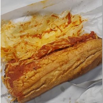 Peter & Sons Sandwiches - Chicken parm with spaghetti sandwich on garlic bread - Sandwiches Near Me - Glassboro, New Jersey Peter & Sons Sandwiches - Chicken parm with spaghetti sandwich on garlic bread - Sandwiches Near Me - Glassboro, New Jersey