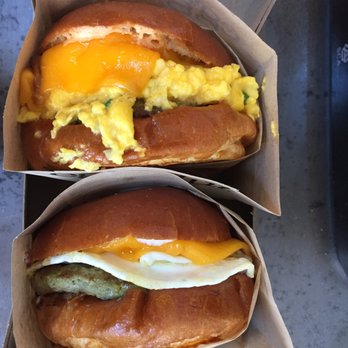 Eggslut - Fairfax with sausage up top. Sausage egg and cheese on bottom. - New American Near Me - Glendale, California Eggslut - Fairfax with sausage up top. Sausage egg and cheese on bottom. - New American Near Me - Glendale, California