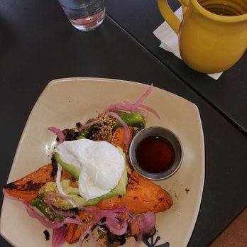 Snooze, an A.M. Eatery - Sweet potato smash. About half a sweet potato perfectly baked - Breakfast & Brunch Near Me - Orange, California Snooze, an A.M. Eatery - Sweet potato smash. About half a sweet potato perfectly baked - Breakfast & Brunch Near Me - Orange, California