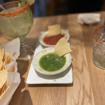 Rosa's - Complimentary salsa and chips provided. Our margaritas are pictured here. - New Mexican Cuisine Near Me - Big Bear Lake, California