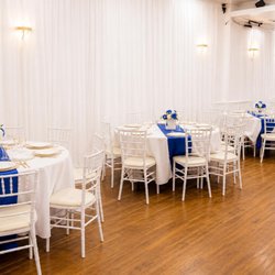 Marte Hall - Navy round tables with gold sequin runners and white chiavari chairs Navy and gold suits a fortieth as well as a graduation. The room takes