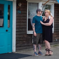 Four Pence Gallery - Jason DuFour & Emily Pience, Four Pence Gallery owners share a moment at 750 Main Street Monmouth Maine. Photo: Rachel Blanchard Photography