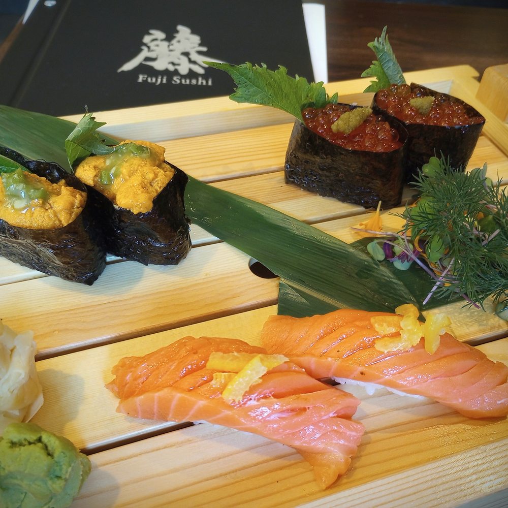 Fuji Sushi - Uni, king salmon, ikura nigiri. - Sushi Bars Near Me - Seattle, Washington