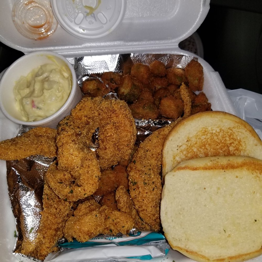 Fish Cage - Seafood dinner: Catfish, fried okra and potato salad - Seafood Near Me - North Las Vegas, Nevada