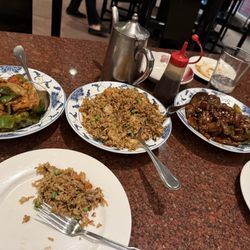Kong pow Chicken, house friend rice and orange beef.
