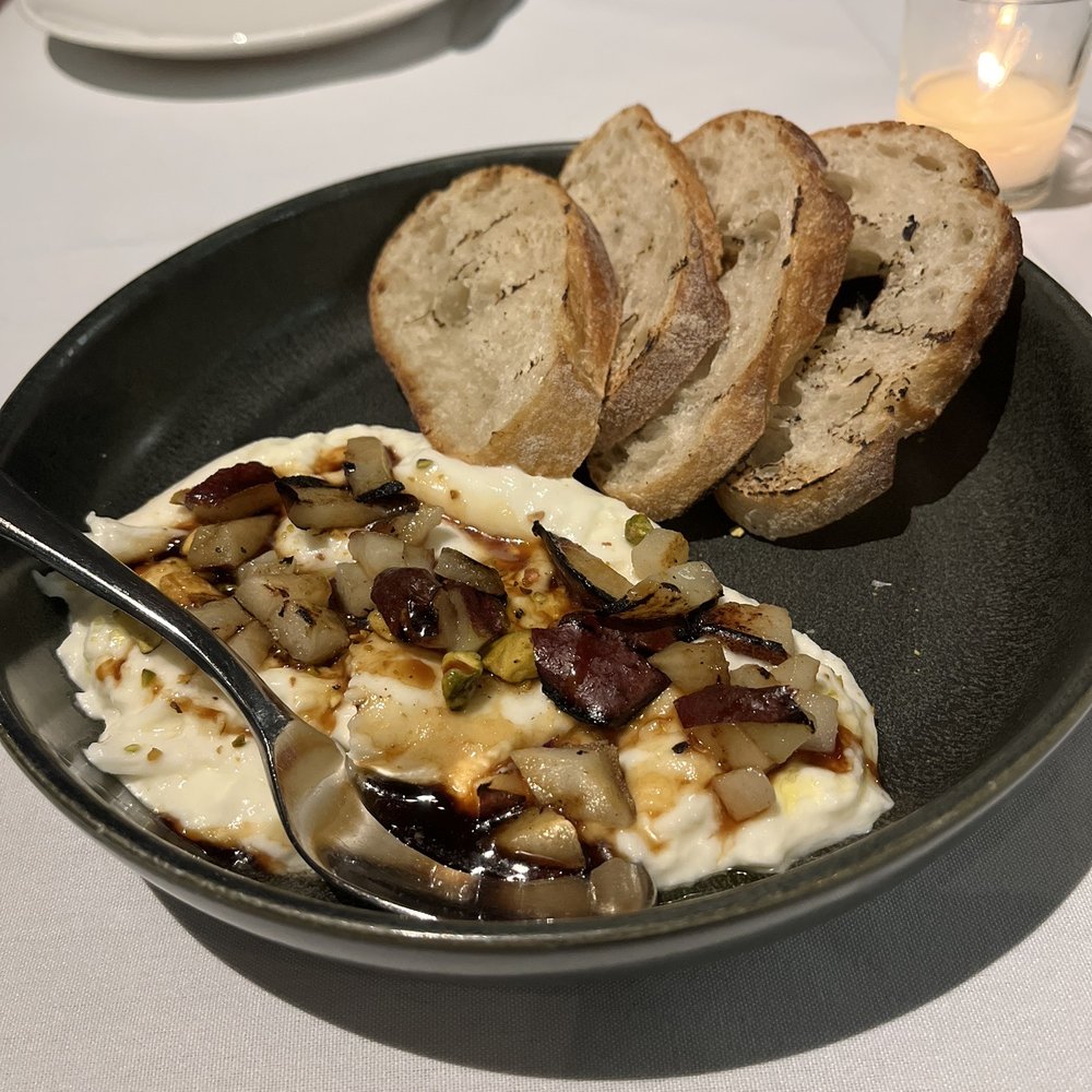 Santé Restaurant - Belfiore Burrata (with grilled pear, pistachio, basil and saba) - French Near Me - Sonoma, California Santé Restaurant - Belfiore Burrata (with grilled pear, pistachio, basil and saba) - French Near Me - Sonoma, California