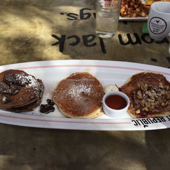 Breakfast Republic - Flight of 3 Pancakes. From left to right: Oreo Cookie Pancake, Churro Pancake, and Cinnamon Roll Pancake - Breakfast & Brunch Near Me - San Diego, California Breakfast Republic - Flight of 3 Pancakes. From left to right: Oreo Cookie Pancake, Churro Pancake, and Cinnamon Roll Pancake - Breakfast & Brunch Near Me - San Diego, California