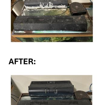 Curtis Aquatics - Before and after photos of a clients tank with years of calcium buildup removed. - Aquarium Services Near Me
