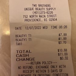 Unique Beauty Supply - Receipt w/ return policy