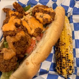 Shrimp Popboy with Nashville heat level & grilled corn Shrimp Popboy with Nashville heat level & grilled corn