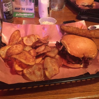 Smokehouse BBQ - Beef Brisket sandwich topped off with a deep fried pickle (delicious). - Barbeque Near Me - Edmonton, Alberta