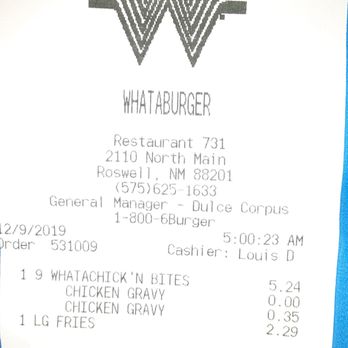 Whataburger - My receipt with the employees name. - Burgers Near Me - Roswell, New Mexico