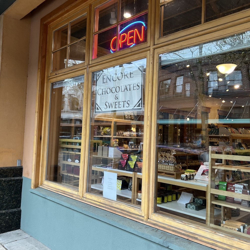 Encore Chocolates and Teas - storefront window - Desserts Near Me - Olympia, Washington Encore Chocolates and Teas - storefront window - Desserts Near Me - Olympia, Washington