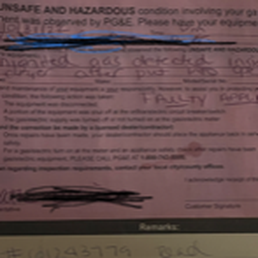 Notice of faulty appliance re gas dryer.