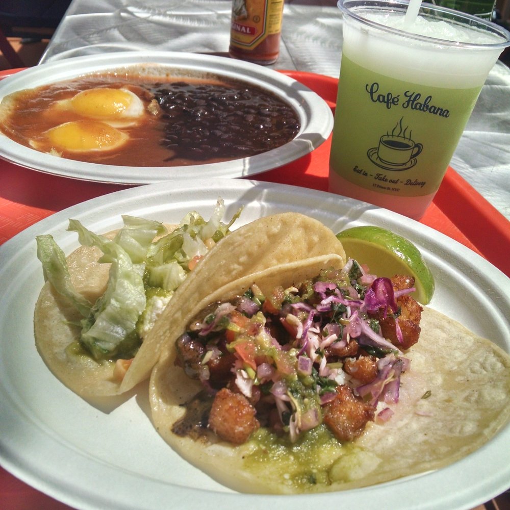 Habana Outpost - Brooklyn - Fish taco (front, $3), Veggie taco (behind that, $3), Huevos Rancheros (back), frozen Margarita ($9)  Tacos delicious, Huevos weaksauce. - Cuban Near Me - Brooklyn, New York