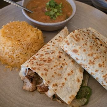 La Viuda Negra Cantina - Chicken Quesadilla with peppers and onions. Mexican rice and charro beans - Cocktail Bars Near Me - Duluth, Georgia